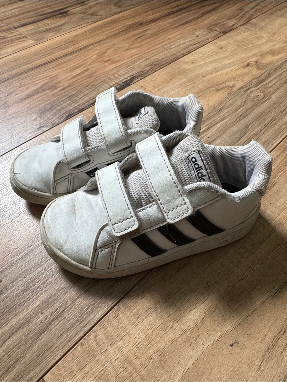 adidas White Kids Velcro Sneakers with Black Stripes